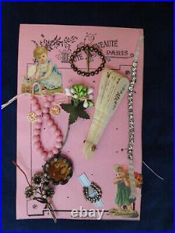 Old pink jewelry & accessoires for French fashion doll Jumeau BRU fan brooch