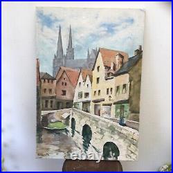 Original French Oil Painting Cityscape Chartres Canal Bridge Cathedral R. Poullet