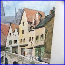 Original French Oil Painting Cityscape Chartres Canal Bridge Cathedral R. Poullet
