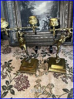 PAIR OF ANTIQUE FRENCH GILT BRONZE CANDLE HOLDERS, NEOCLASSICAL STYLE 19 Th