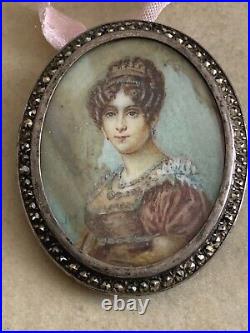 Rare Antique French Artist Sterling Silver Brooch Hand painted portrait Signed