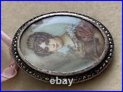 Rare Antique French Artist Sterling Silver Brooch Hand painted portrait Signed