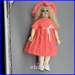 Reproduction Antique Style, Unmarked, French Doll 11 Inches Tall-knit Hat/Dress
