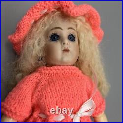 Reproduction Antique Style, Unmarked, French Doll 11 Inches Tall-knit Hat/Dress