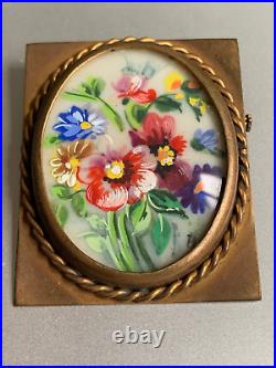 Romantic Antique French Brooch Hand painting on Porcelain. Signed H Flowers