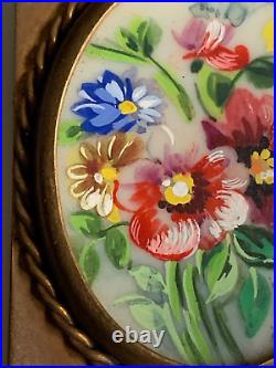 Romantic Antique French Brooch Hand painting on Porcelain. Signed H Flowers