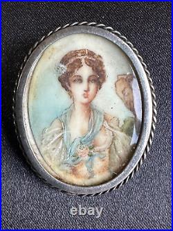 Romantic Antique Victorian Silver French Artist Brooch Handpainted 1.5