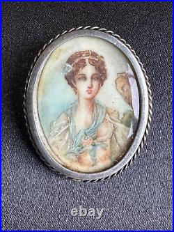 Romantic Antique Victorian Silver French Artist Brooch Handpainted 1.5