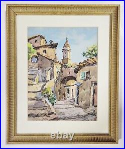 Vintage FRENCH AQUARELLE Gilt Framed TOWN of ST. PAUL Scene WATERCOLOR PAINTING