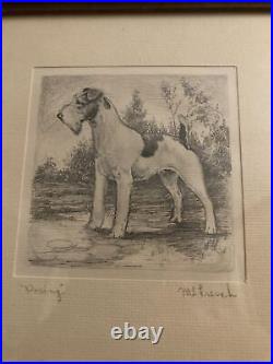 Vintage Framed Fox Terrier Pencil Etching Posing French Artist Signed 10x9.5
